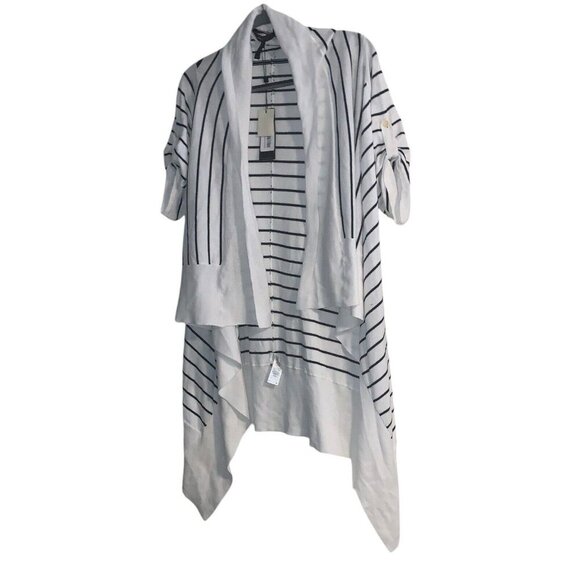 BCBGMAXAZRIA WOMEN'S STRIPED CARDIWRAP  SWEATER NAVYSTRIPE  S BUTTON SLEEVE NWT‎ - Picture 1 of 11